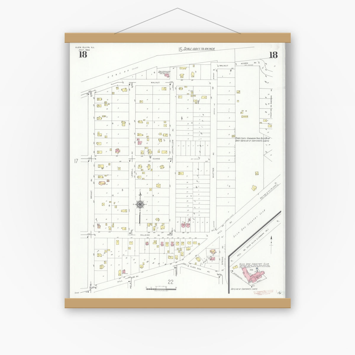 Old map wall art mockup — magnetic wood frame on white wall — Sanborn Fire Insurance Map from Glen Ellyn, Du Page County, Illinois (1940), Sheet #0018