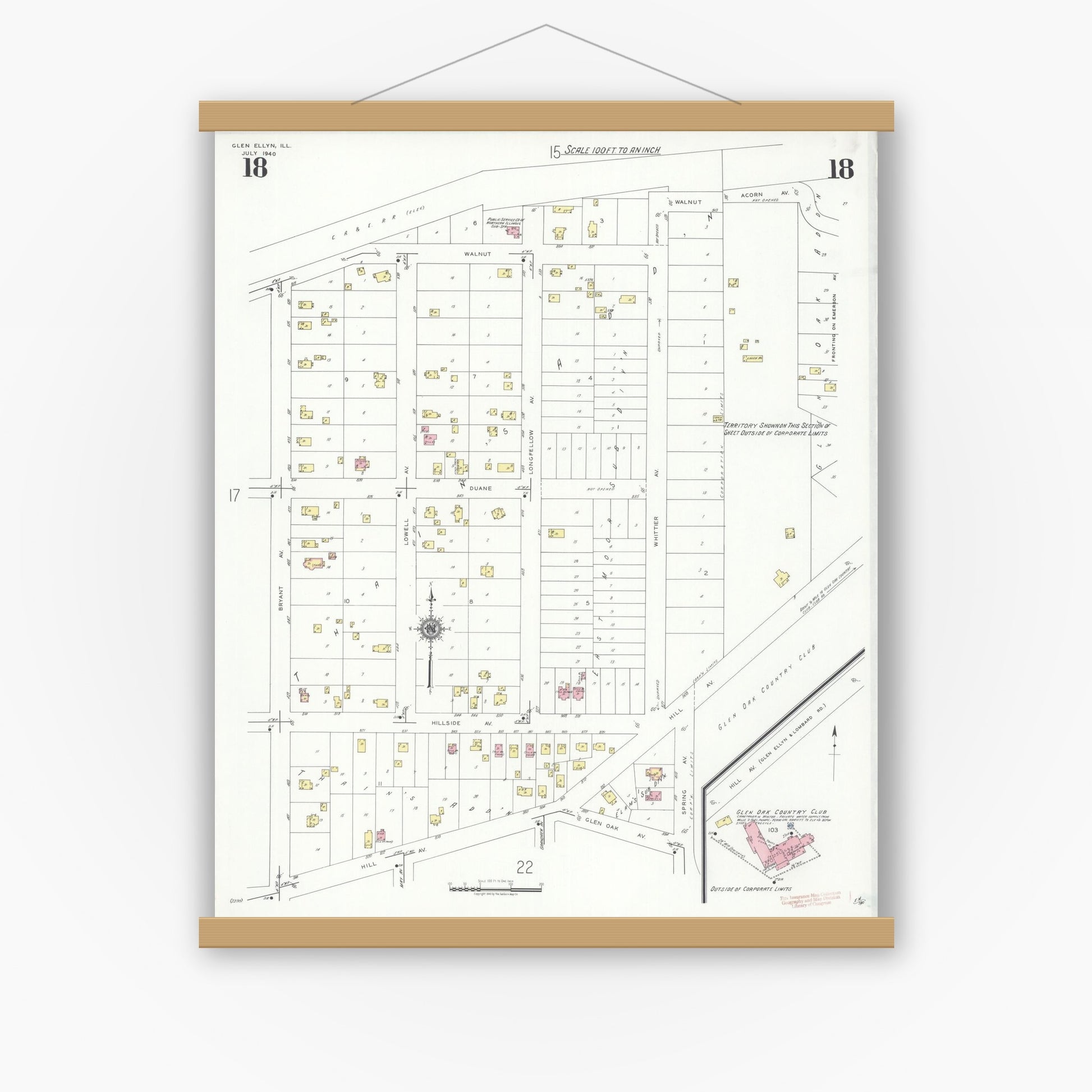Old map wall art mockup — magnetic wood frame on white wall — Sanborn Fire Insurance Map from Glen Ellyn, Du Page County, Illinois (1940), Sheet #0018