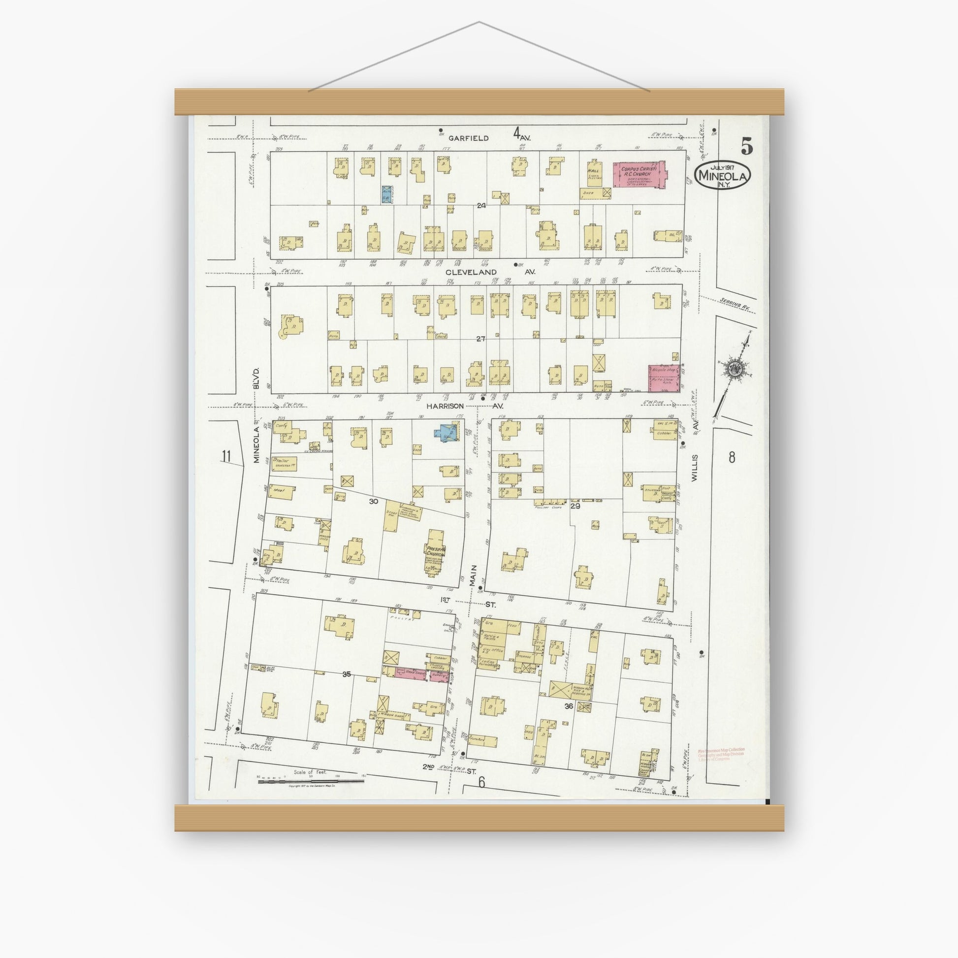 Old map wall art mockup — magnetic wood frame on white wall — Sanborn Fire Insurance Map from Mineola, Nassau County, New York (1917), Sheet #0005