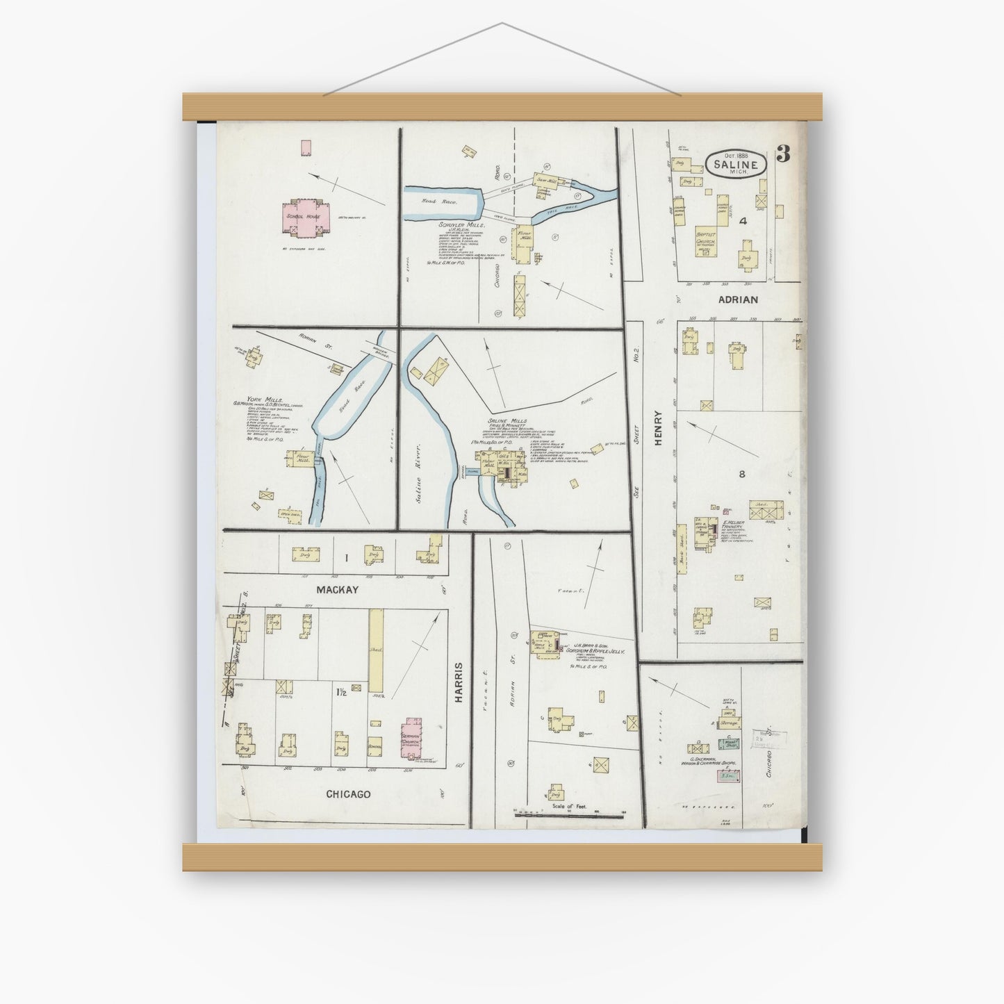 Old map wall art mockup — magnetic wood frame on white wall — Sanborn Fire Insurance Map from Saline, Washtenaw County, Michigan (1888), Sheet #0003