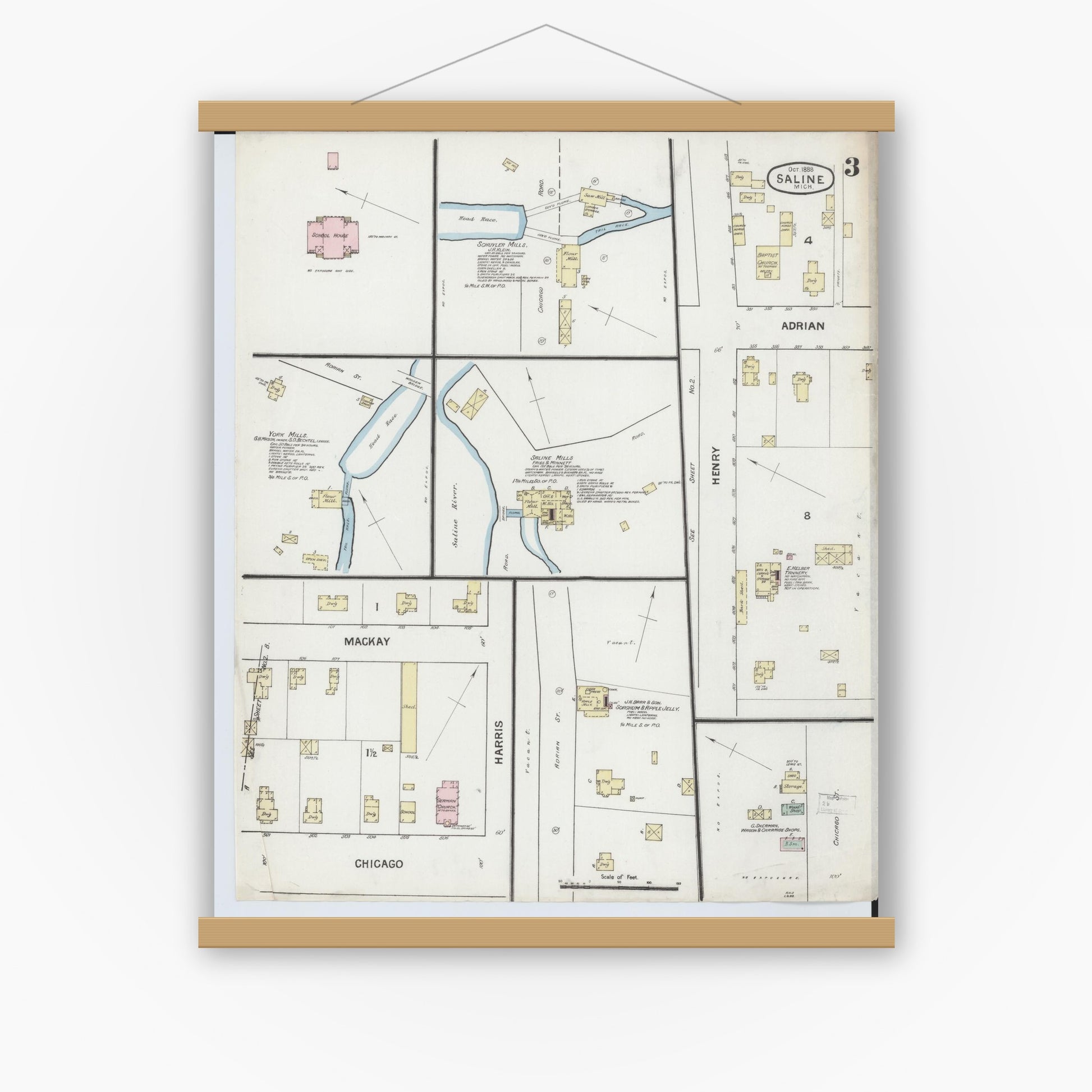 Old map wall art mockup — magnetic wood frame on white wall — Sanborn Fire Insurance Map from Saline, Washtenaw County, Michigan (1888), Sheet #0003