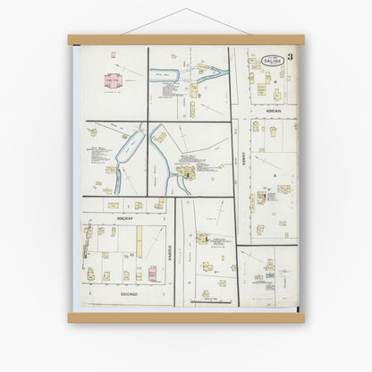 Old map wall art mockup — magnetic wood frame on white wall — Sanborn Fire Insurance Map from Saline, Washtenaw County, Michigan (1888), Sheet #0003