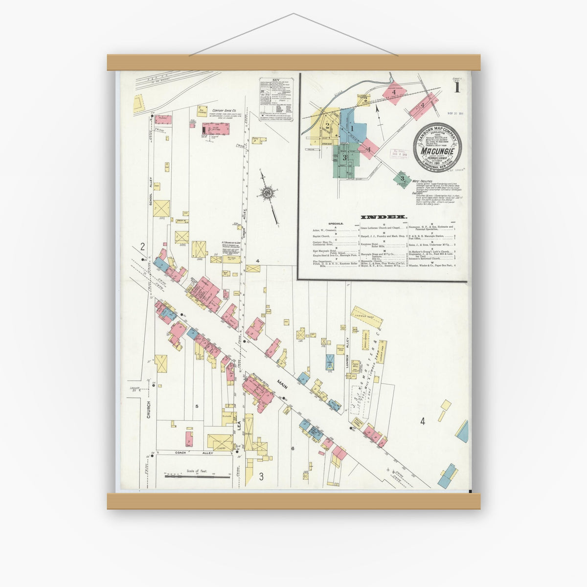 Old map wall art mockup — magnetic wood frame on white wall — Sanborn Fire Insurance Map from Macungie, Lehigh County, Pennsylvania (1911) - Complete Map Set