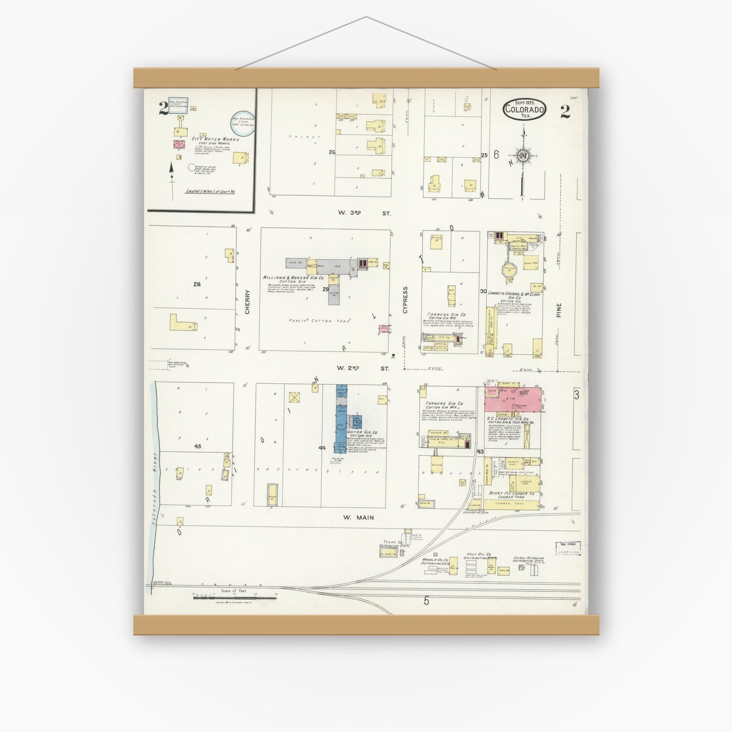 Old map wall art mockup — magnetic wood frame on white wall — Sanborn Fire Insurance Map from Colorado, Mitchell County, Texas (1925), Sheet #0002