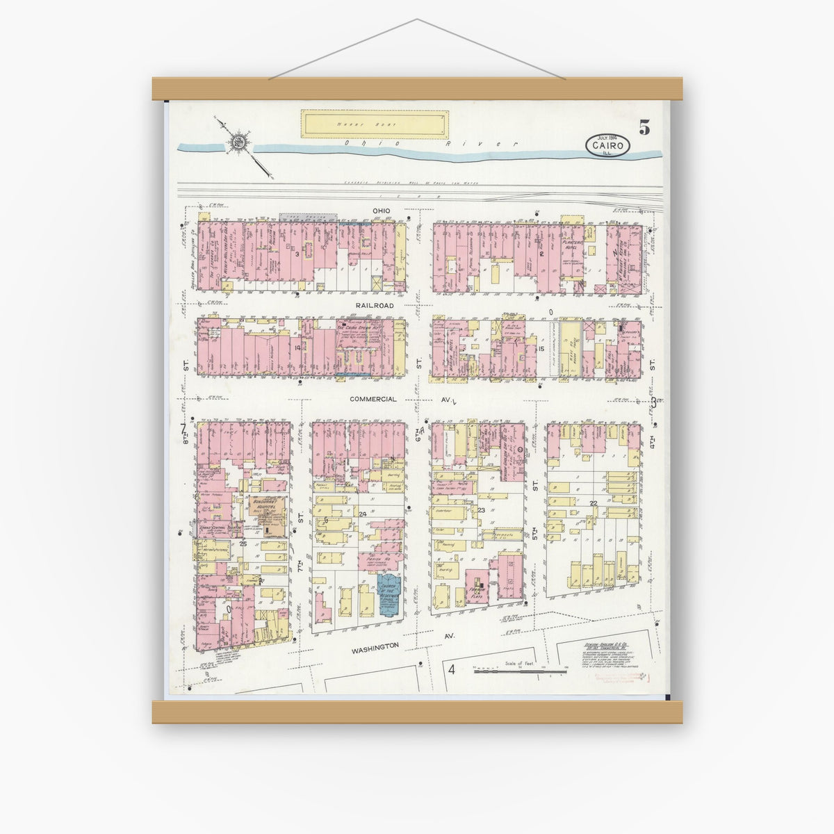 Old map wall art mockup — magnetic wood frame on white wall — Sanborn Fire Insurance Map from Cairo, Alexander County, Illinois (1914), Sheet #0005
