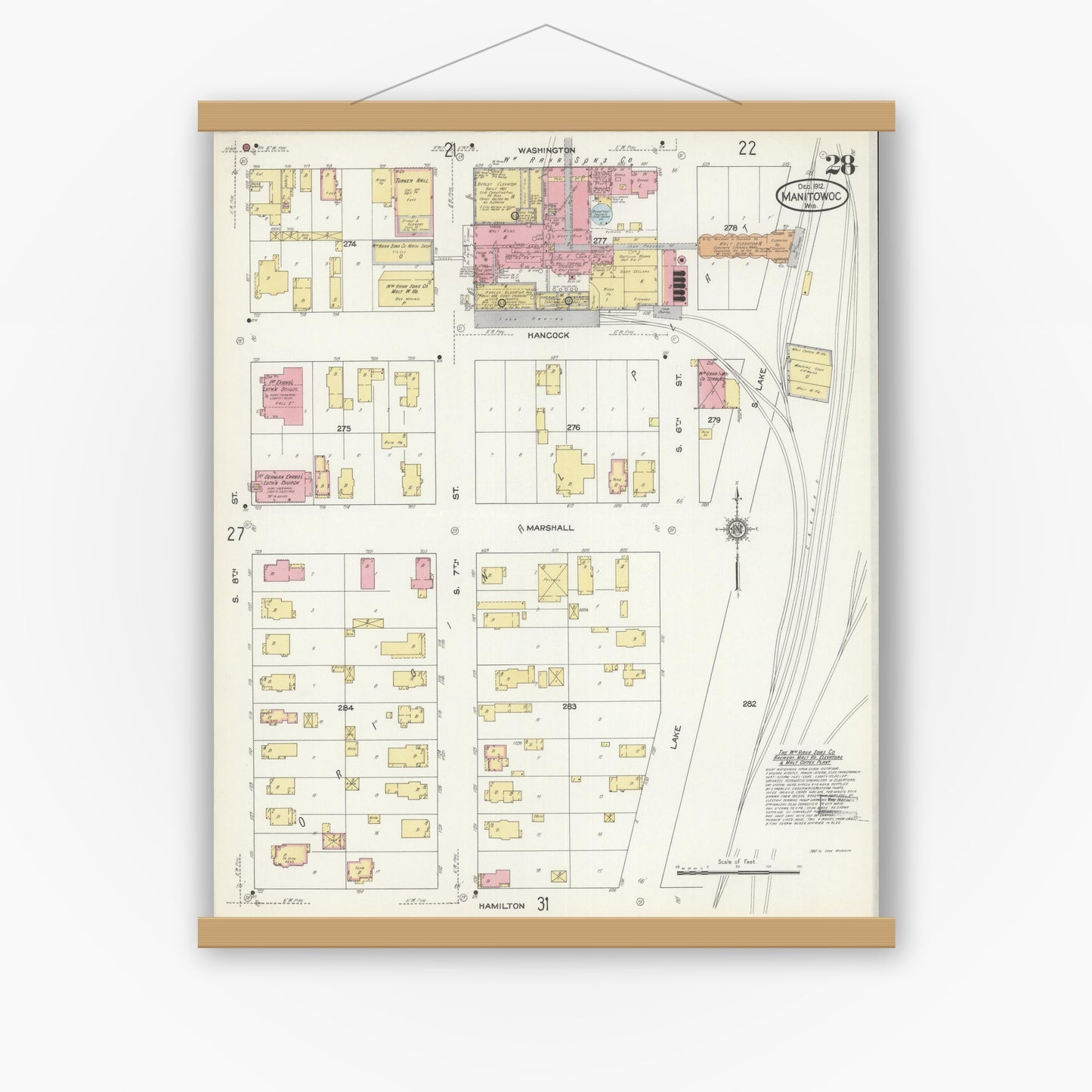 Old map wall art mockup — magnetic wood frame on white wall — Sanborn Fire Insurance Map from Manitowoc, Manitowoc County, Wisconsin (1912), Sheet #0028