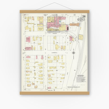 Old map wall art mockup — magnetic wood frame on white wall — Sanborn Fire Insurance Map from Manitowoc, Manitowoc County, Wisconsin (1912), Sheet #0028