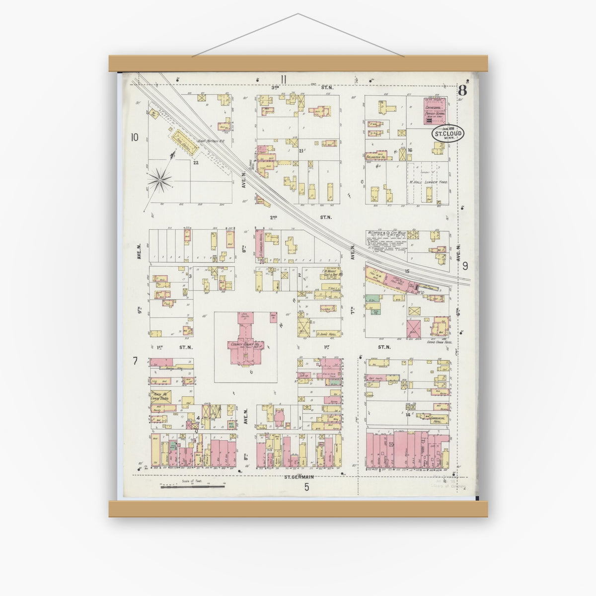 Old map wall art mockup — magnetic wood frame on white wall — Sanborn Fire Insurance Map from Saint Cloud, Stearns, Benton, and Sherburne Counties, Minnesota (1898), Sheet #0008