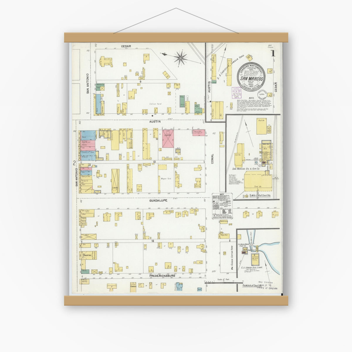 Old map wall art mockup — magnetic wood frame on white wall — Sanborn Fire Insurance Map from San Marcos, Hays County, Texas (1902) - Complete Map Set