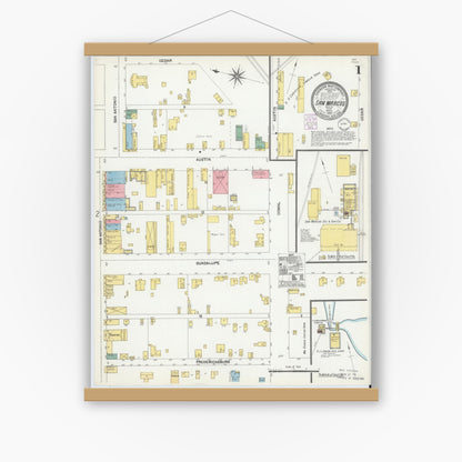 Old map wall art mockup — magnetic wood frame on white wall — Sanborn Fire Insurance Map from San Marcos, Hays County, Texas (1902) - Complete Map Set