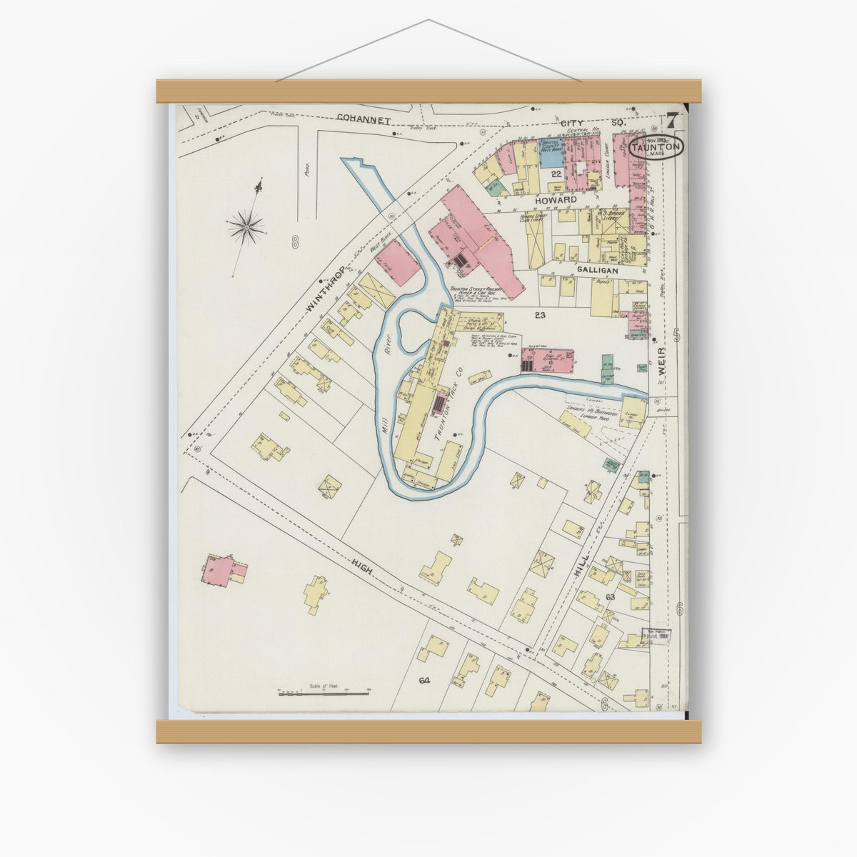 Old map wall art mockup — magnetic wood frame on white wall — Sanborn Fire Insurance Map from Taunton, Bristol County, Massachusetts (1893), Sheet #0007