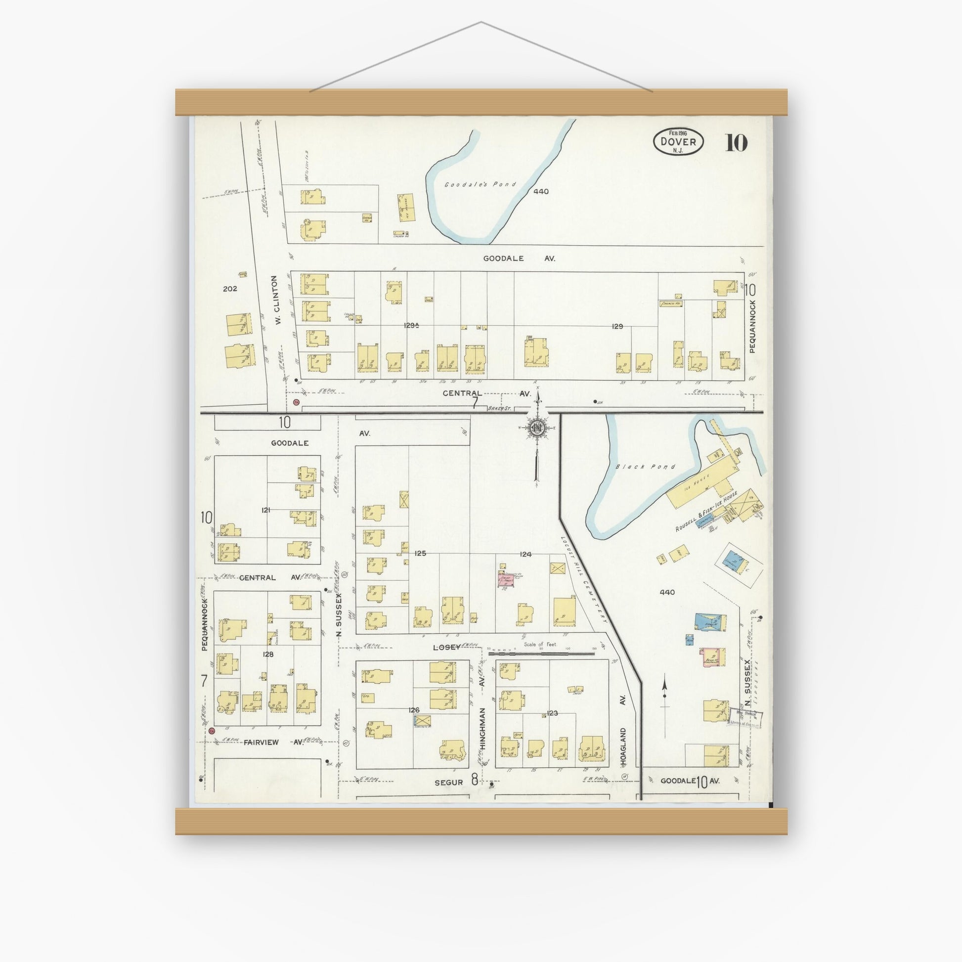 Old map wall art mockup — magnetic wood frame on white wall — Sanborn Fire Insurance Map from Dover, Morris County, New Jersey (1916), Sheet #0010