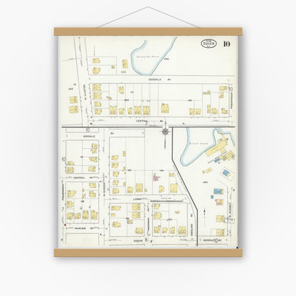 Old map wall art mockup — magnetic wood frame on white wall — Sanborn Fire Insurance Map from Dover, Morris County, New Jersey (1916), Sheet #0010