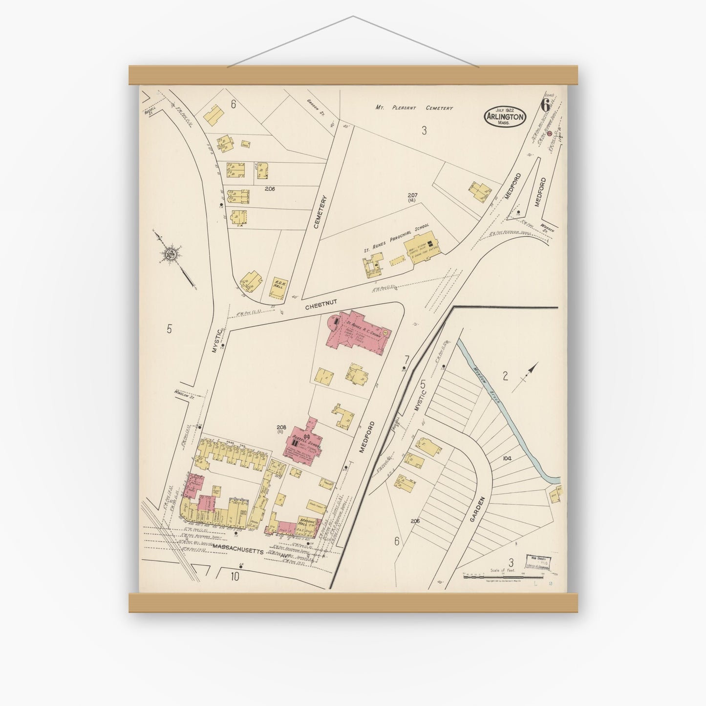 Old map wall art mockup — magnetic wood frame on white wall — Sanborn Fire Insurance Map from Arlington, Middlesex County, Massachusetts (1922), Sheet #0006