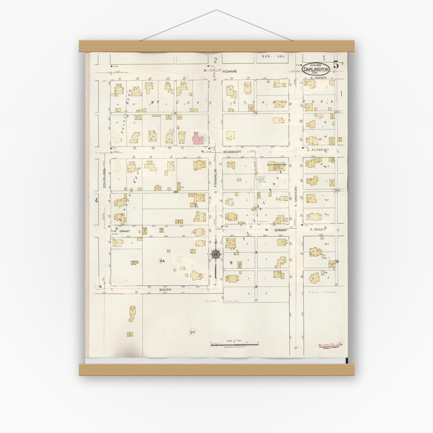 Old map wall art mockup — magnetic wood frame on white wall — Sanborn Fire Insurance Map from Darlington, Montgomery County, Indiana (1942), Sheet #0005