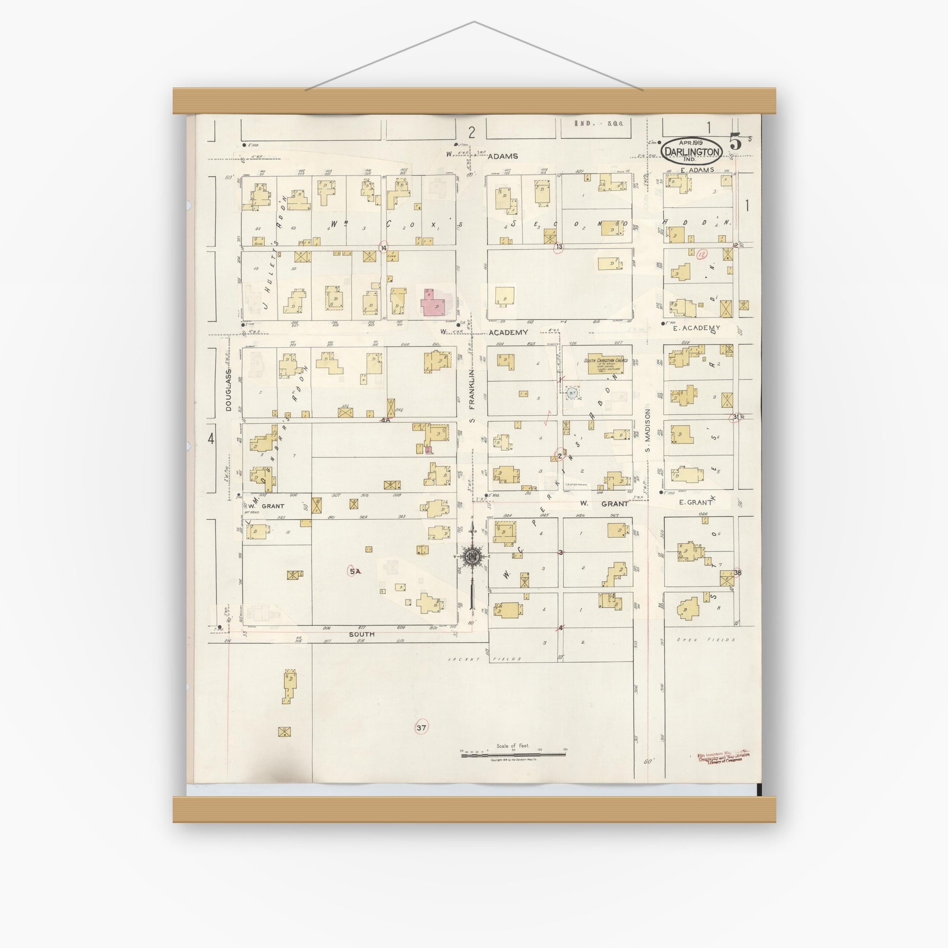 Old map wall art mockup — magnetic wood frame on white wall — Sanborn Fire Insurance Map from Darlington, Montgomery County, Indiana (1942), Sheet #0005