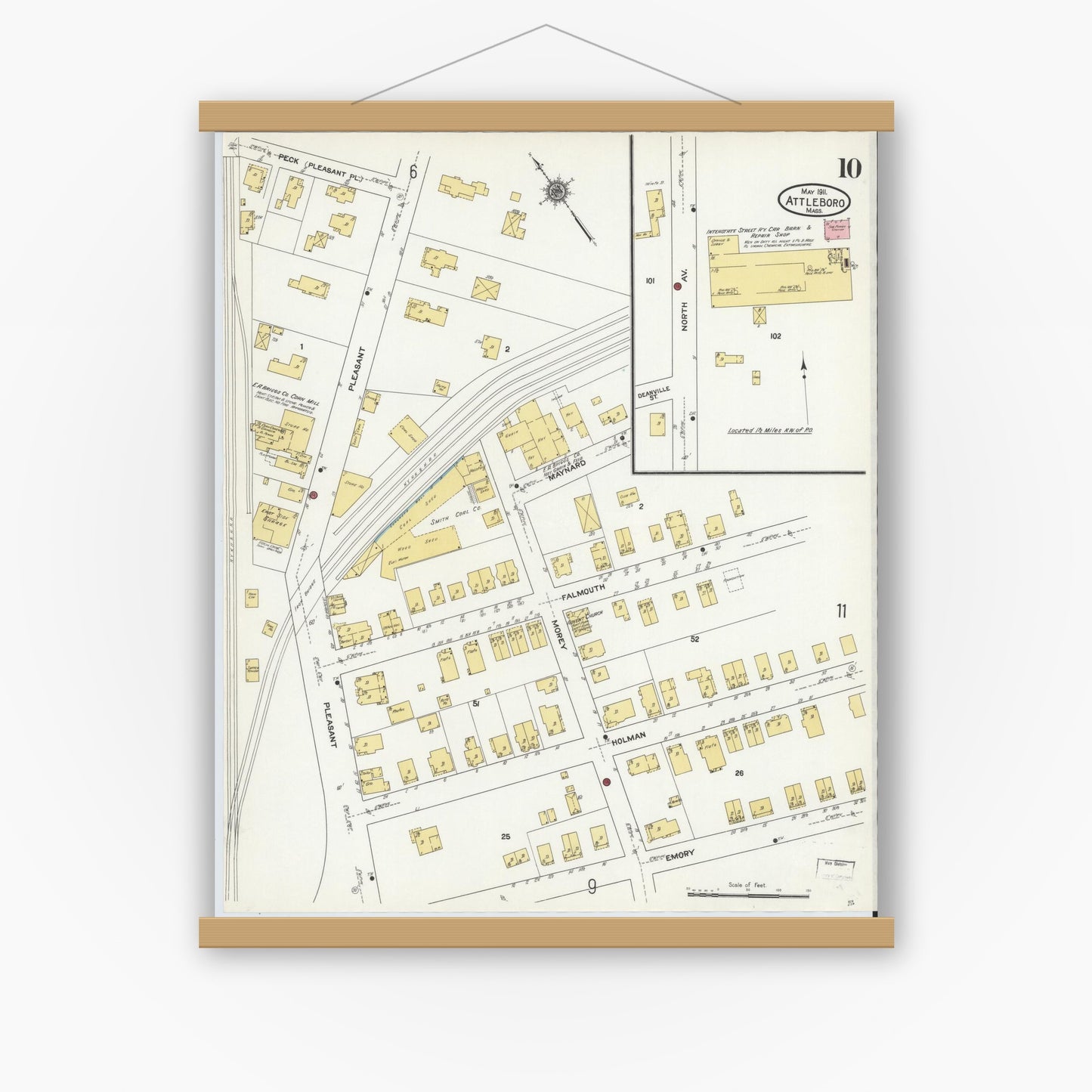 Old map wall art mockup — magnetic wood frame on white wall — Sanborn Fire Insurance Map from Attleboro, Bristol County, Massachusetts (1911), Sheet #0010