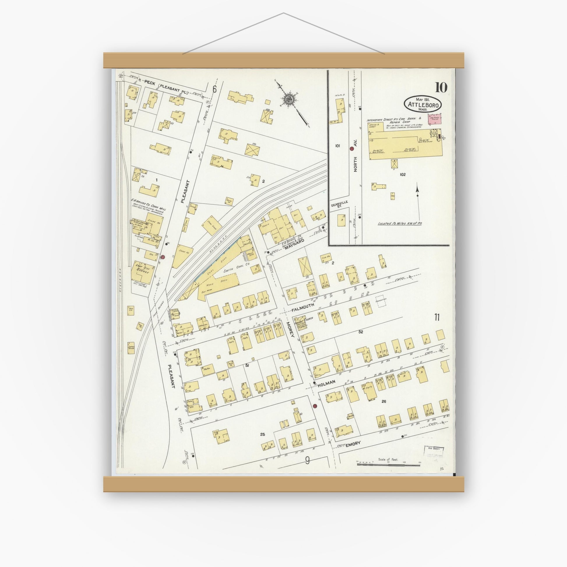 Old map wall art mockup — magnetic wood frame on white wall — Sanborn Fire Insurance Map from Attleboro, Bristol County, Massachusetts (1911), Sheet #0010