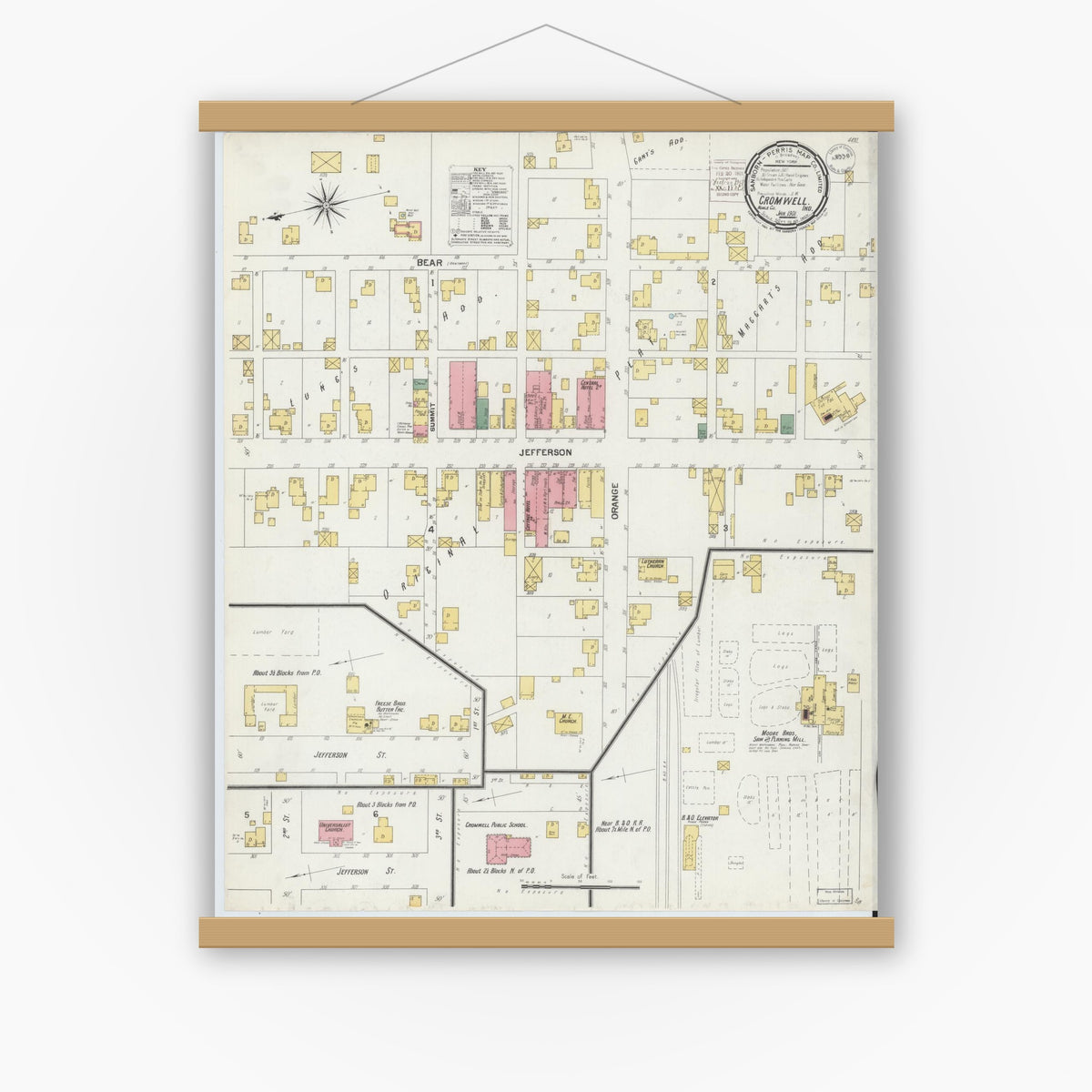 Old map wall art mockup — magnetic wood frame on white wall — Sanborn Fire Insurance Map from Cromwell, Noble County, Indiana (1901), Sheet #0001