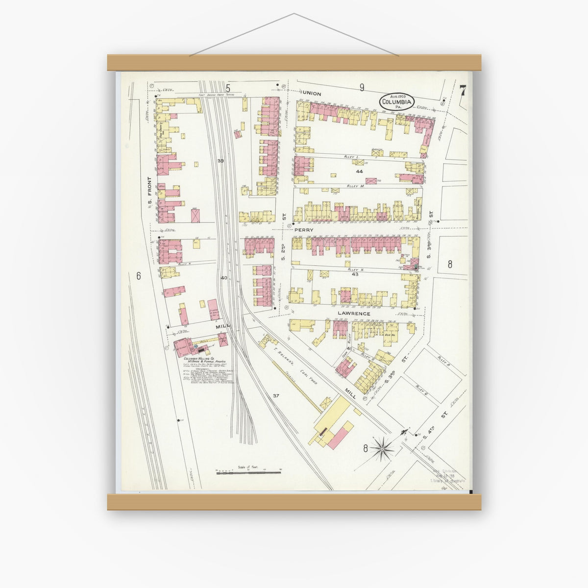 Old map wall art mockup — magnetic wood frame on white wall — Sanborn Fire Insurance Map from Columbia, Lancaster County, Pennsylvania (1909), Sheet #0007