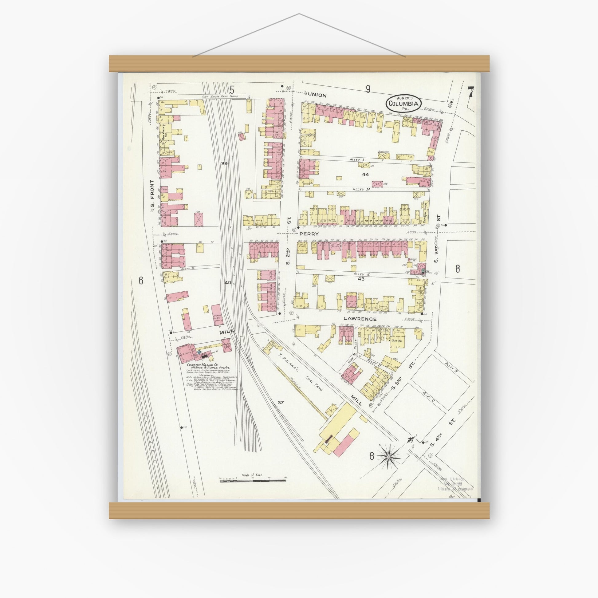 Old map wall art mockup — magnetic wood frame on white wall — Sanborn Fire Insurance Map from Columbia, Lancaster County, Pennsylvania (1909), Sheet #0007