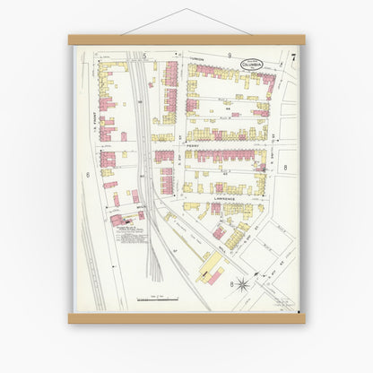 Old map wall art mockup — magnetic wood frame on white wall — Sanborn Fire Insurance Map from Columbia, Lancaster County, Pennsylvania (1909), Sheet #0007