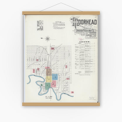 Old map wall art mockup — magnetic wood frame on white wall — Sanborn Fire Insurance Map from Moorhead, Clay County, Minnesota (1890), Sheet #0001