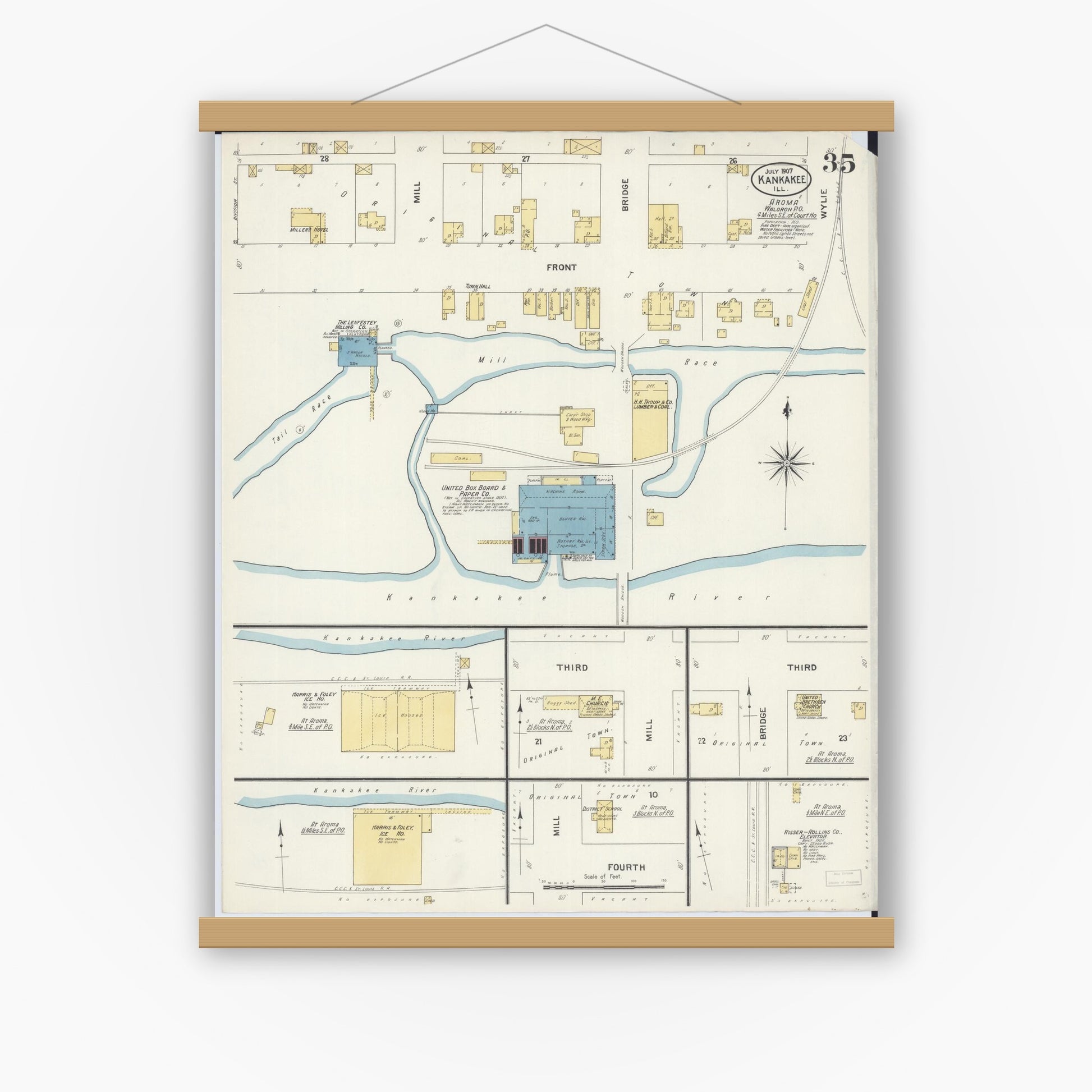 Old map wall art mockup — magnetic wood frame on white wall — Sanborn Fire Insurance Map from Kankakee, Kankakee County, Illinois (1907), Sheet #0035