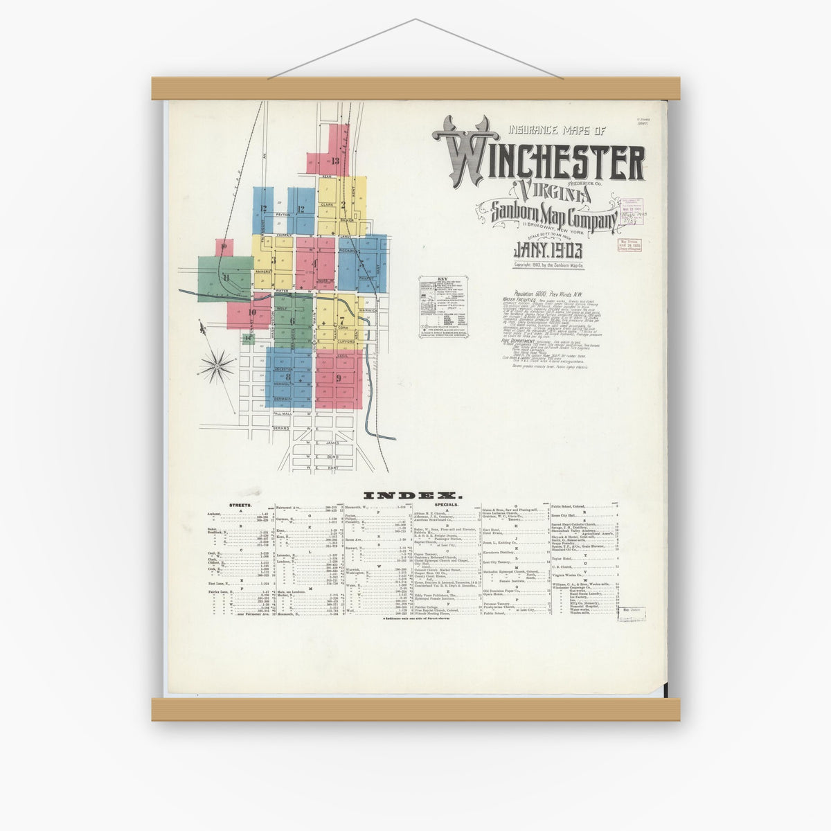 Old map wall art mockup — magnetic wood frame on white wall — Sanborn Fire Insurance Map from Winchester, Independent Cities, Virginia (1903) - Complete Map Set