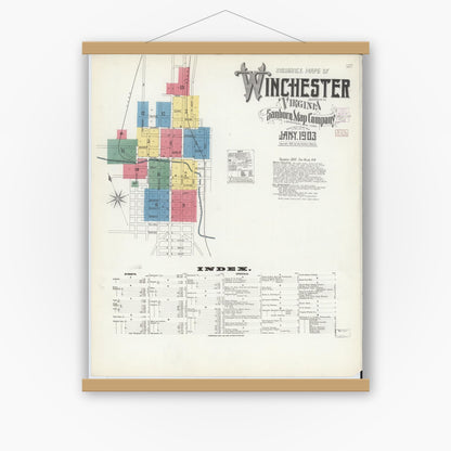 Old map wall art mockup — magnetic wood frame on white wall — Sanborn Fire Insurance Map from Winchester, Independent Cities, Virginia (1903) - Complete Map Set