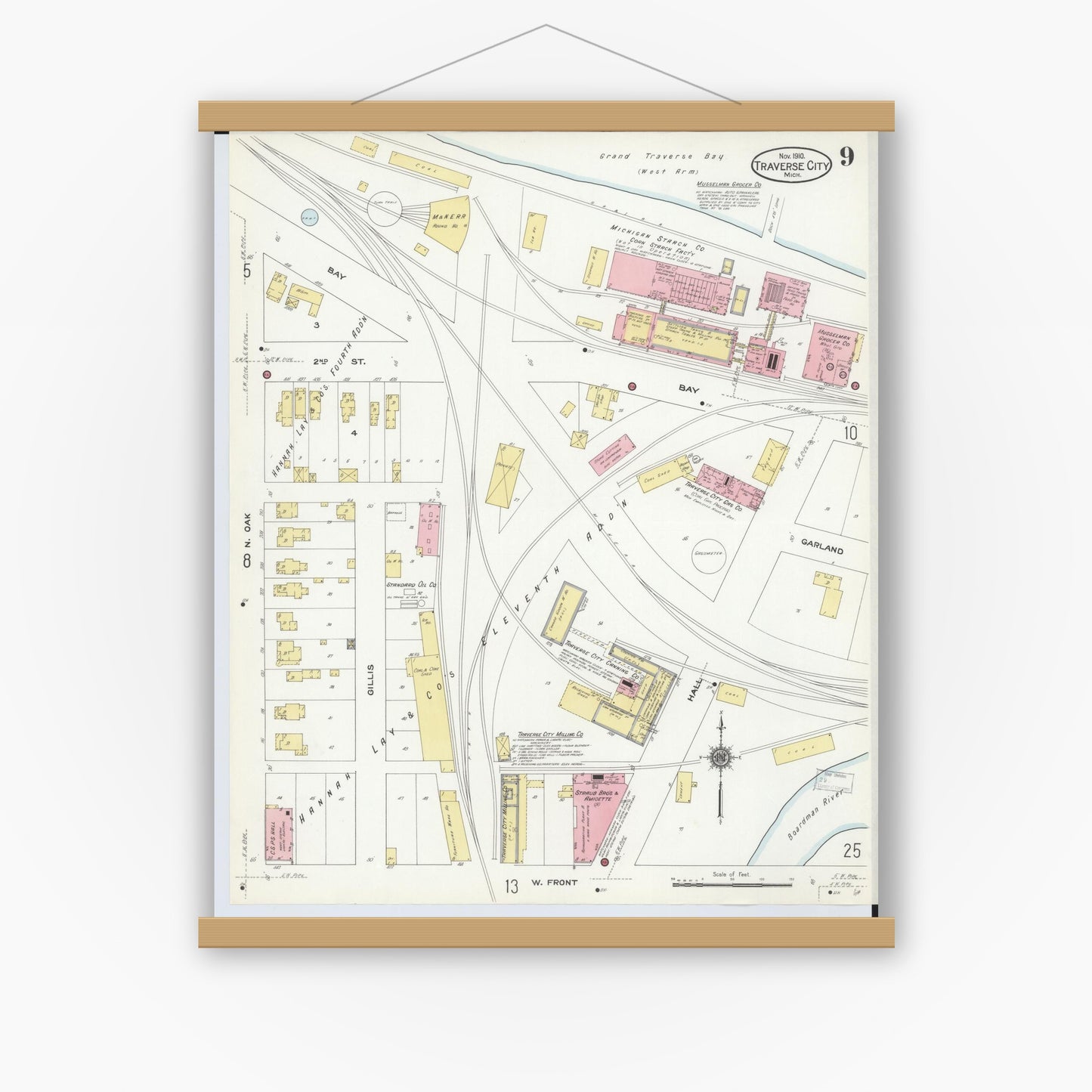 Old map wall art mockup — magnetic wood frame on white wall — Sanborn Fire Insurance Map from Traverse City, Grand Traverse County, Michigan (1910), Sheet #0009