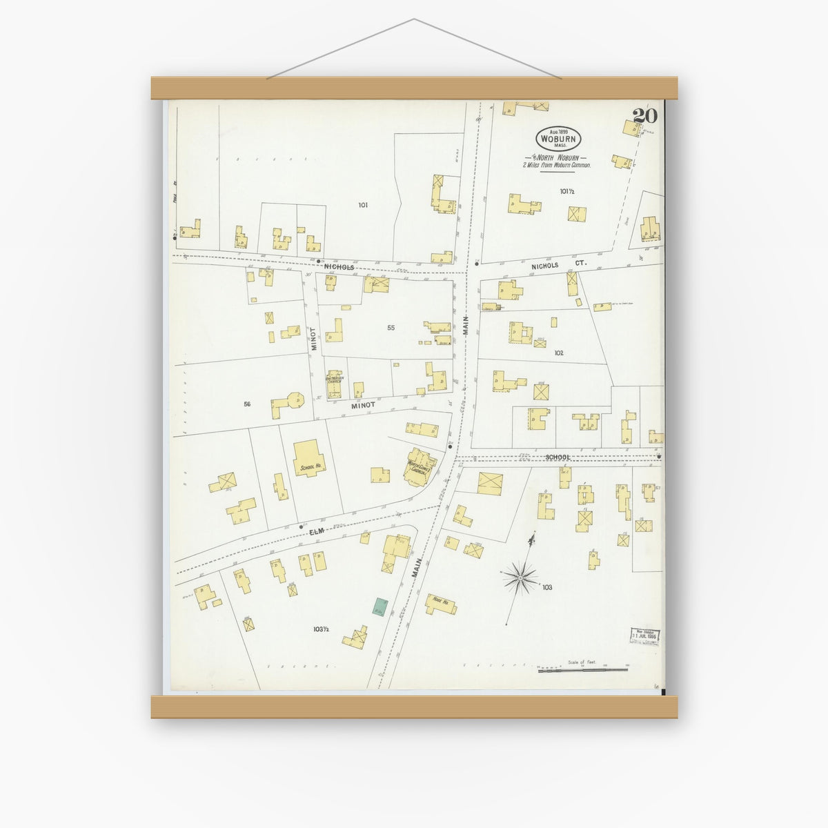 Old map wall art mockup — magnetic wood frame on white wall — Sanborn Fire Insurance Map from Woburn, Middlesex County, Massachusetts (1899), Sheet #0020