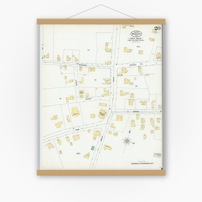 Old map wall art mockup — magnetic wood frame on white wall — Sanborn Fire Insurance Map from Woburn, Middlesex County, Massachusetts (1899), Sheet #0020