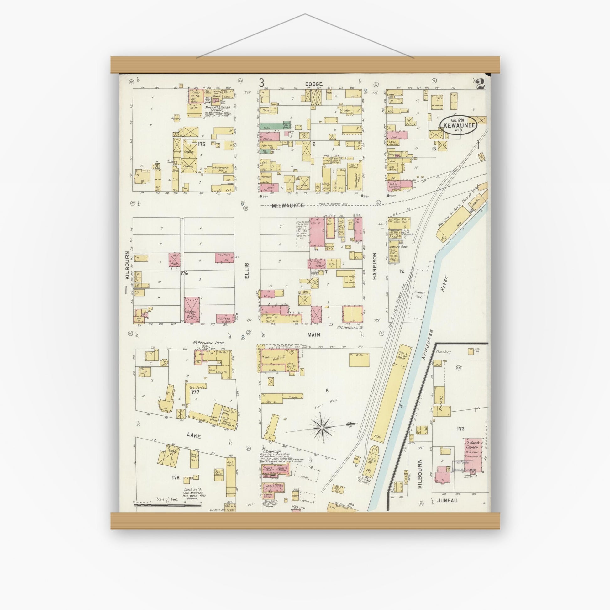 Old map wall art mockup — magnetic wood frame on white wall — Sanborn Fire Insurance Map from Kewaunee, Kewaunee County, Wisconsin (1898), Sheet #0002