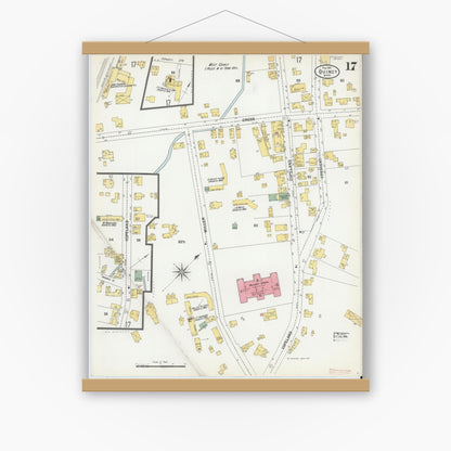 Old map wall art mockup — magnetic wood frame on white wall — Sanborn Fire Insurance Map from Quincy, Norfolk County, Massachusetts (1901), Sheet #0017