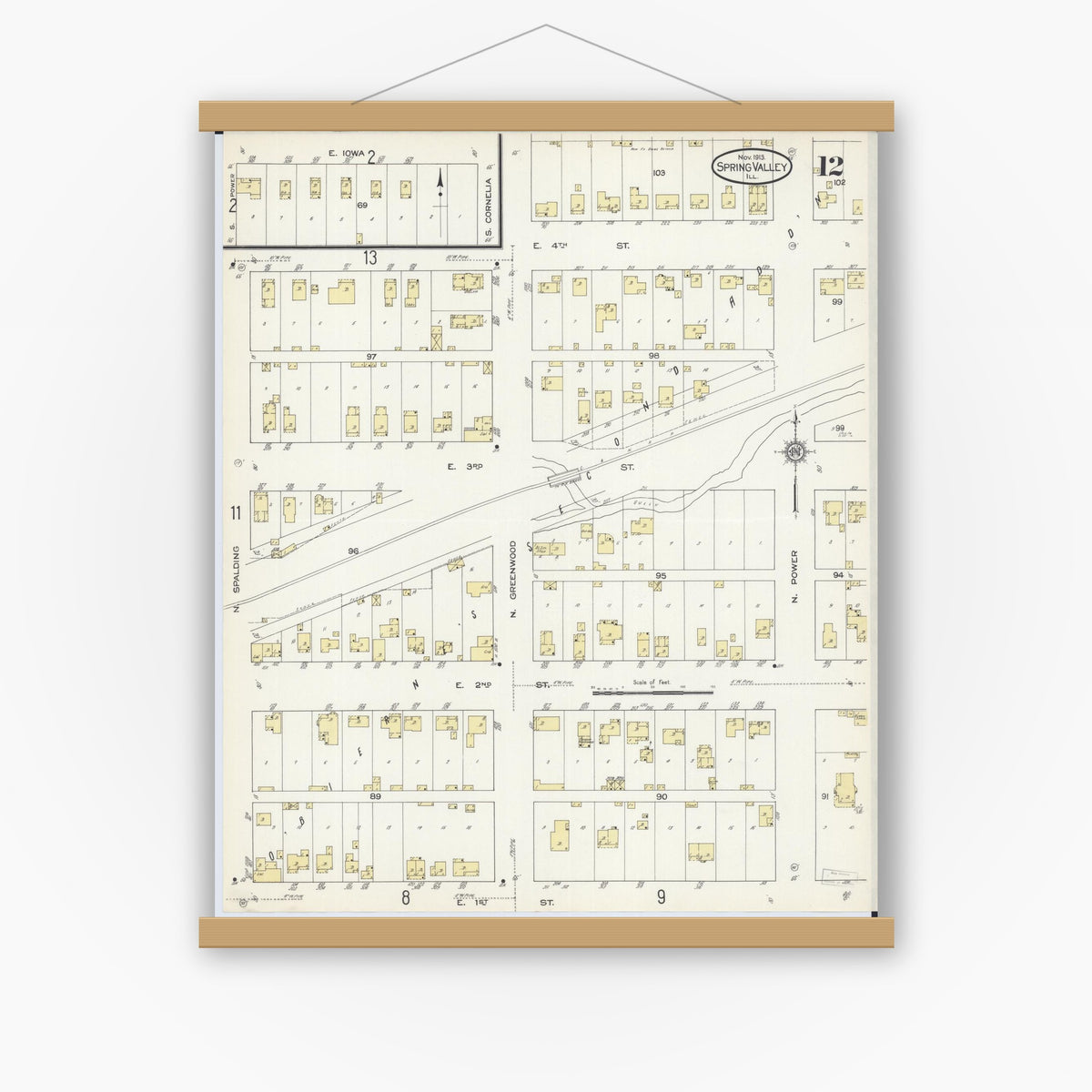 Old map wall art mockup — magnetic wood frame on white wall — Sanborn Fire Insurance Map from Spring Valley, Bureau County, Illinois (1913), Sheet #0012