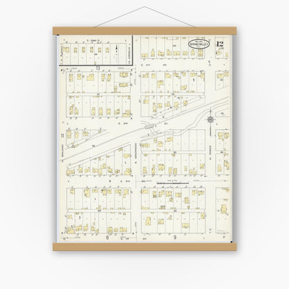 Old map wall art mockup — magnetic wood frame on white wall — Sanborn Fire Insurance Map from Spring Valley, Bureau County, Illinois (1913), Sheet #0012