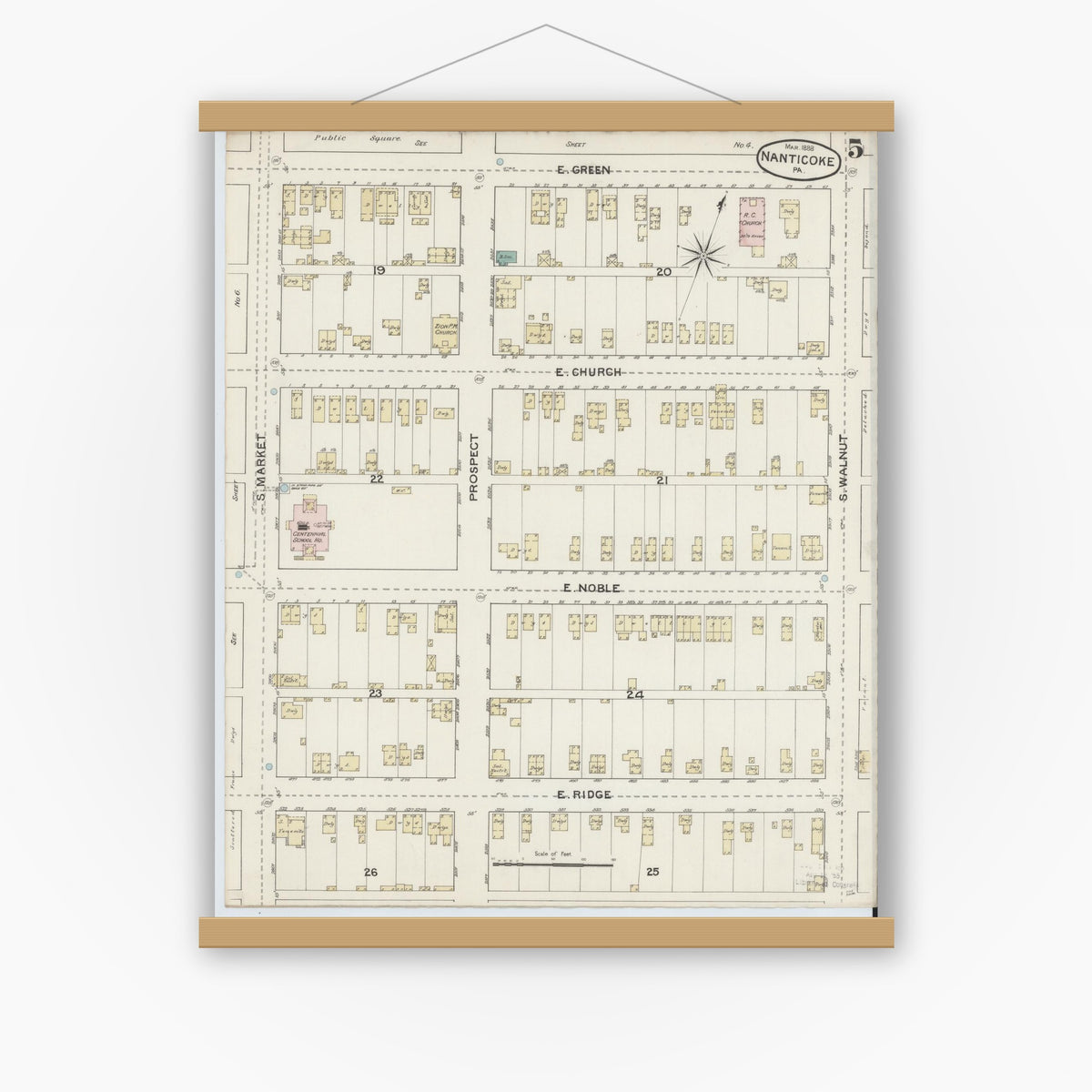 Old map wall art mockup — magnetic wood frame on white wall — Sanborn Fire Insurance Map from Nanticoke, Luzerne County, Pennsylvania (1888), Sheet #0005
