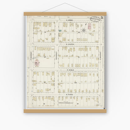 Old map wall art mockup — magnetic wood frame on white wall — Sanborn Fire Insurance Map from Nanticoke, Luzerne County, Pennsylvania (1888), Sheet #0005