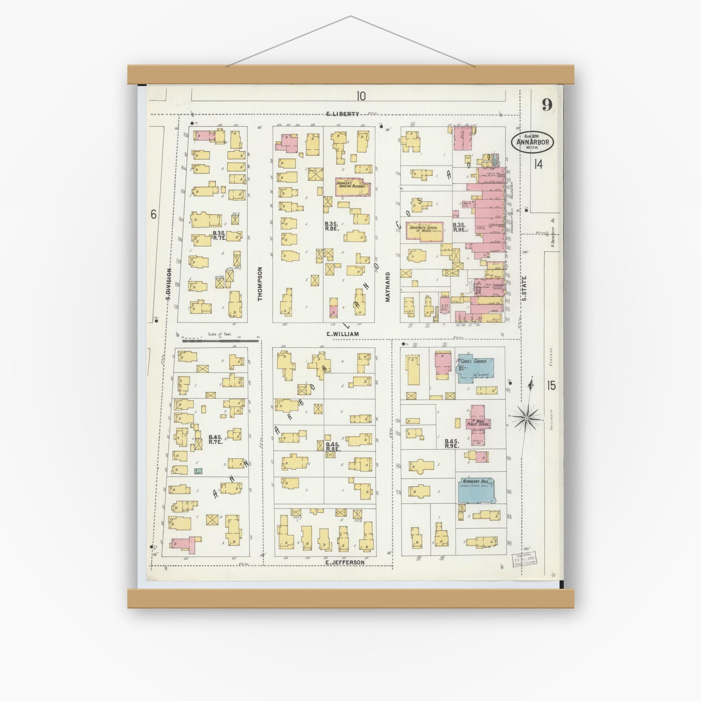 Old map wall art mockup — magnetic wood frame on white wall — Sanborn Fire Insurance Map from Ann Arbor, Washtenaw County, Michigan (1899), Sheet #0009
