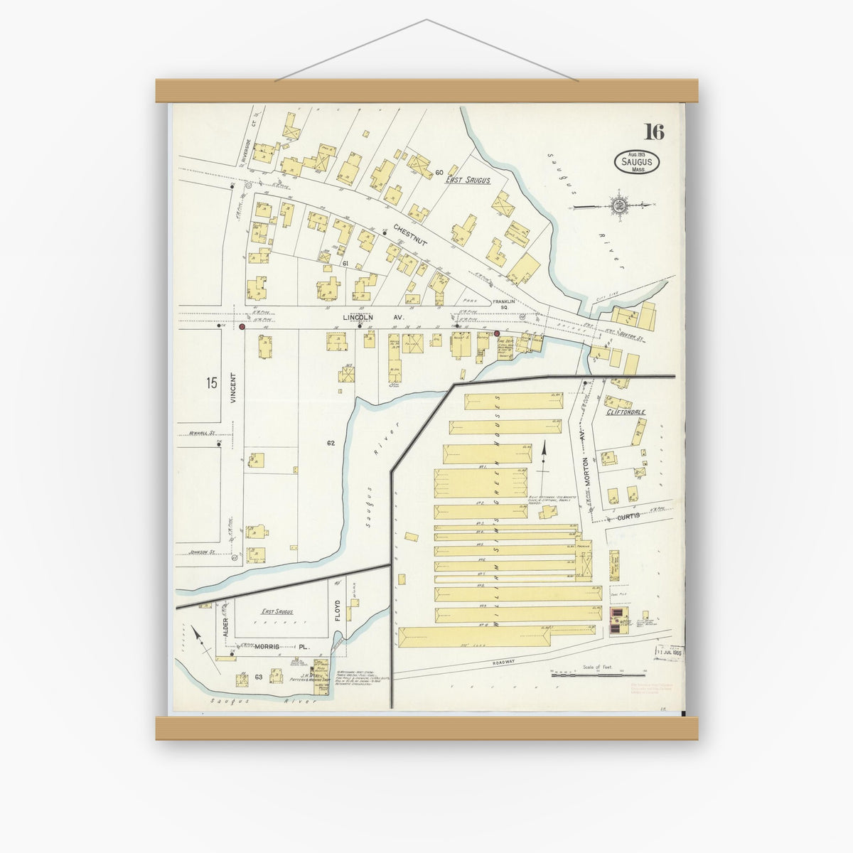 Old map wall art mockup — magnetic wood frame on white wall — Sanborn Fire Insurance Map from Saugus, Essex County, Massachusetts (1913), Sheet #0016