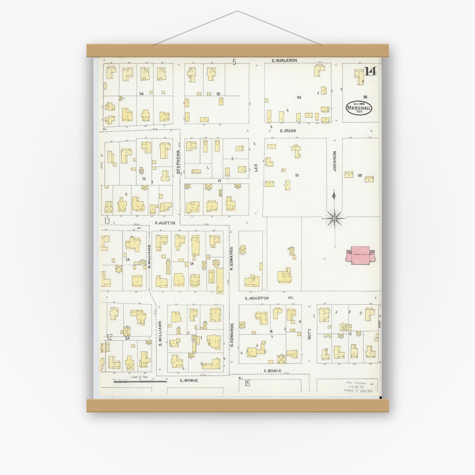 Old map wall art mockup — magnetic wood frame on white wall — Sanborn Fire Insurance Map from Marshall, Harrison County, Texas (1904), Sheet #0014