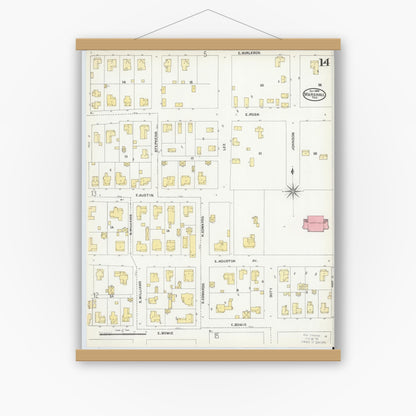 Old map wall art mockup — magnetic wood frame on white wall — Sanborn Fire Insurance Map from Marshall, Harrison County, Texas (1904), Sheet #0014