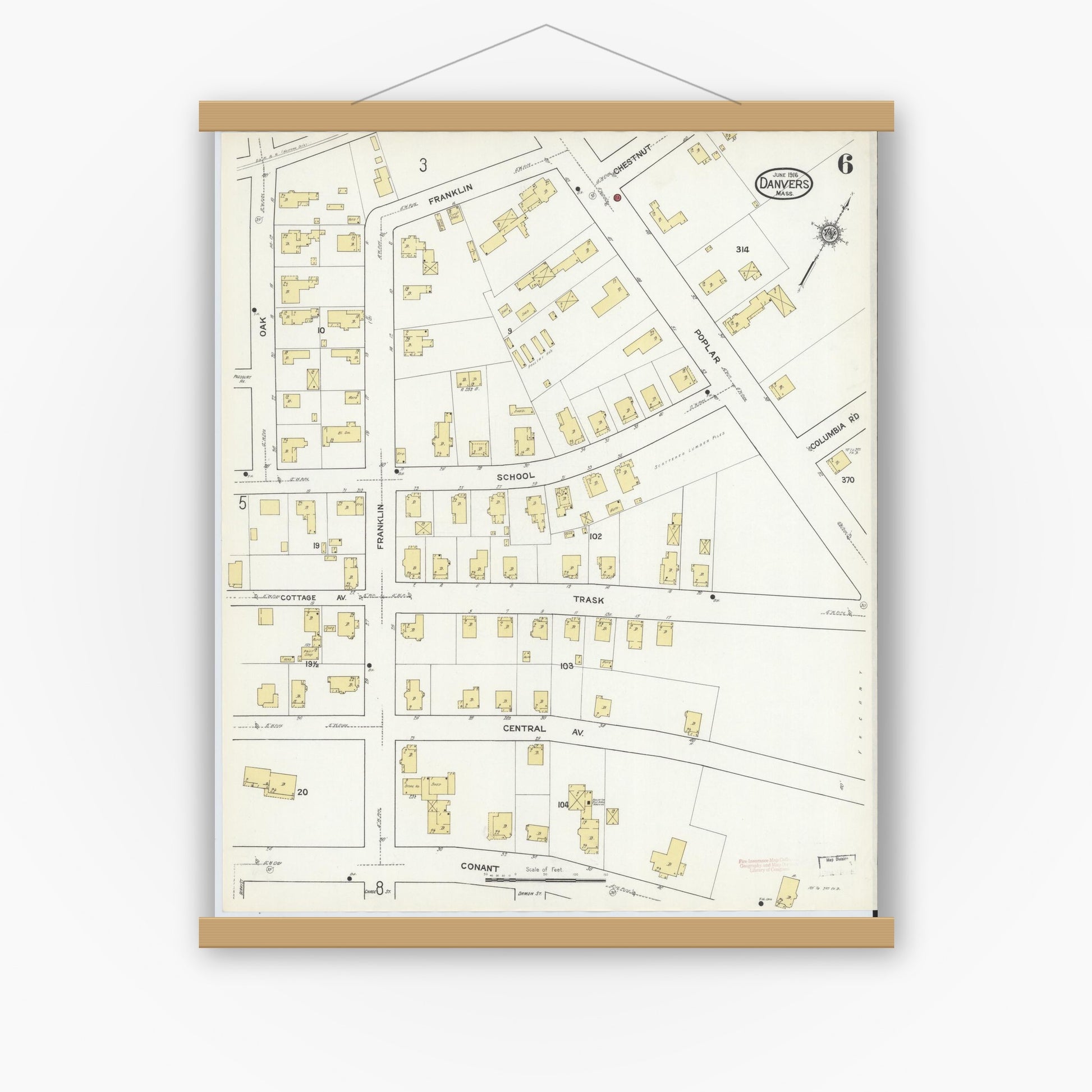Old map wall art mockup — magnetic wood frame on white wall — Sanborn Fire Insurance Map from Danvers, Essex County, Massachusetts (1916), Sheet #0006