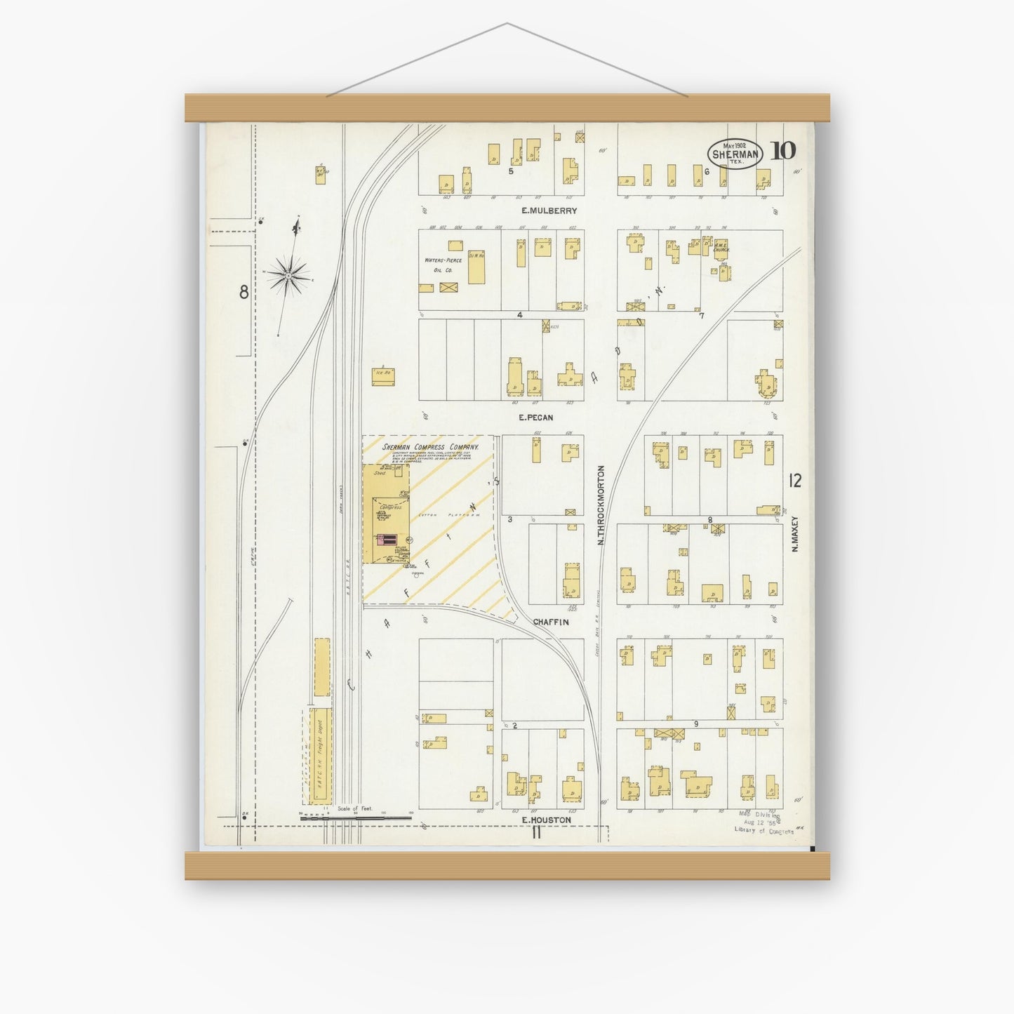 Old map wall art mockup — magnetic wood frame on white wall — Sanborn Fire Insurance Map from Sherman, Grayson County, Texas (1902), Sheet #0010