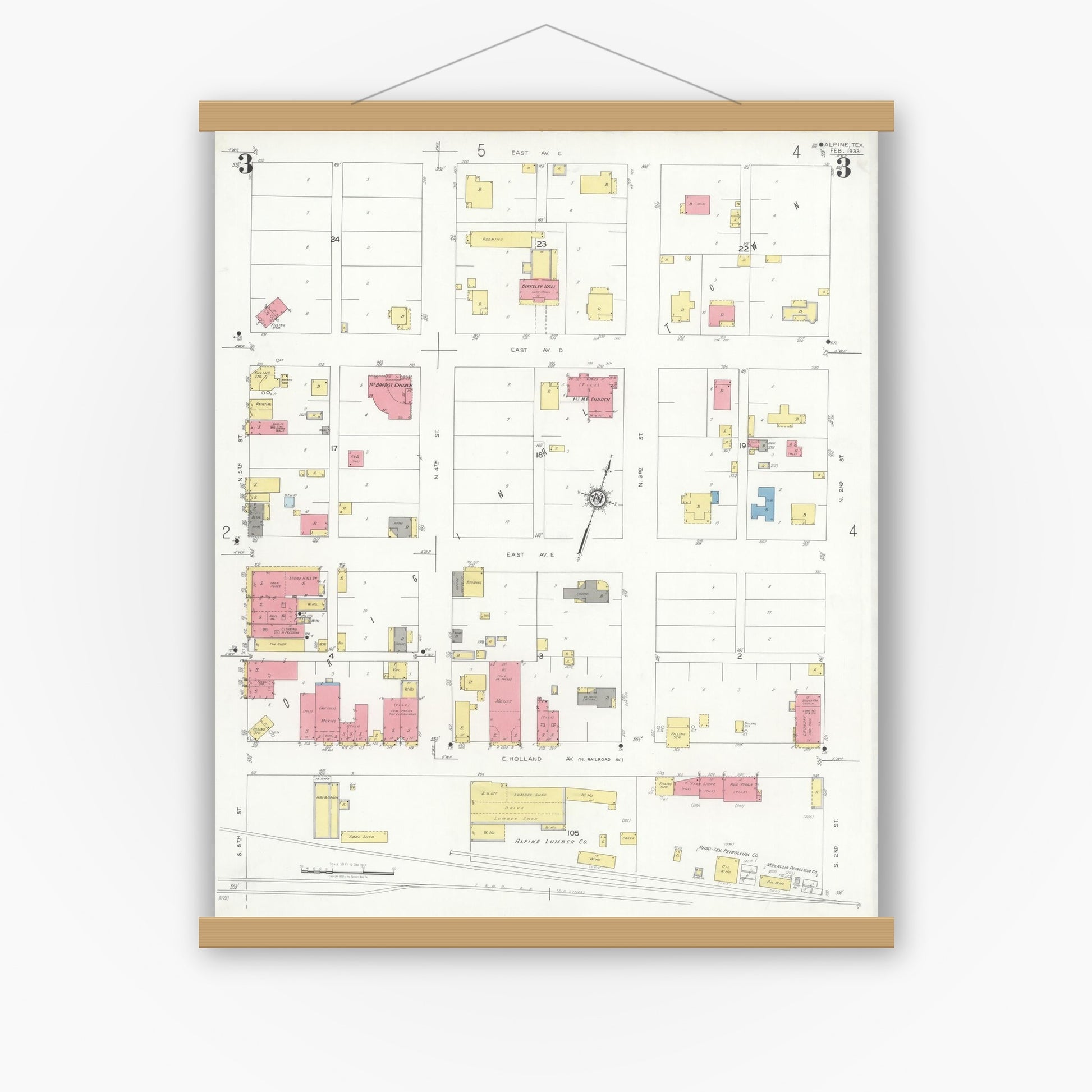 Old map wall art mockup — magnetic wood frame on white wall — Sanborn Fire Insurance Map from Alpine, Brewster County, Texas (1933), Sheet #0003