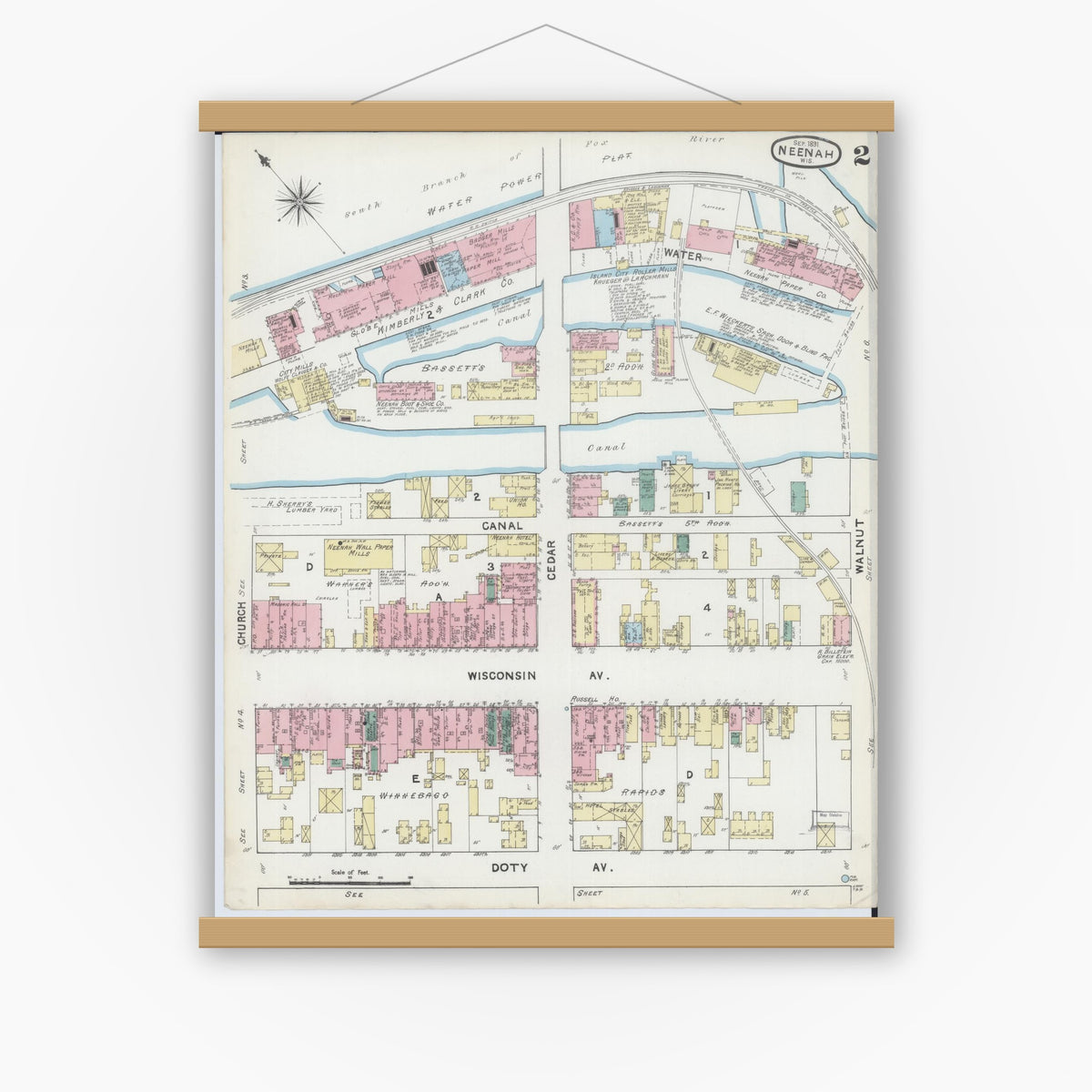 Old map wall art mockup — magnetic wood frame on white wall — Sanborn Fire Insurance Map from Neenah, Winnebago County, Wisconsin (1891), Sheet #0002