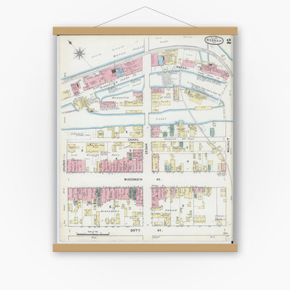 Old map wall art mockup — magnetic wood frame on white wall — Sanborn Fire Insurance Map from Neenah, Winnebago County, Wisconsin (1891), Sheet #0002