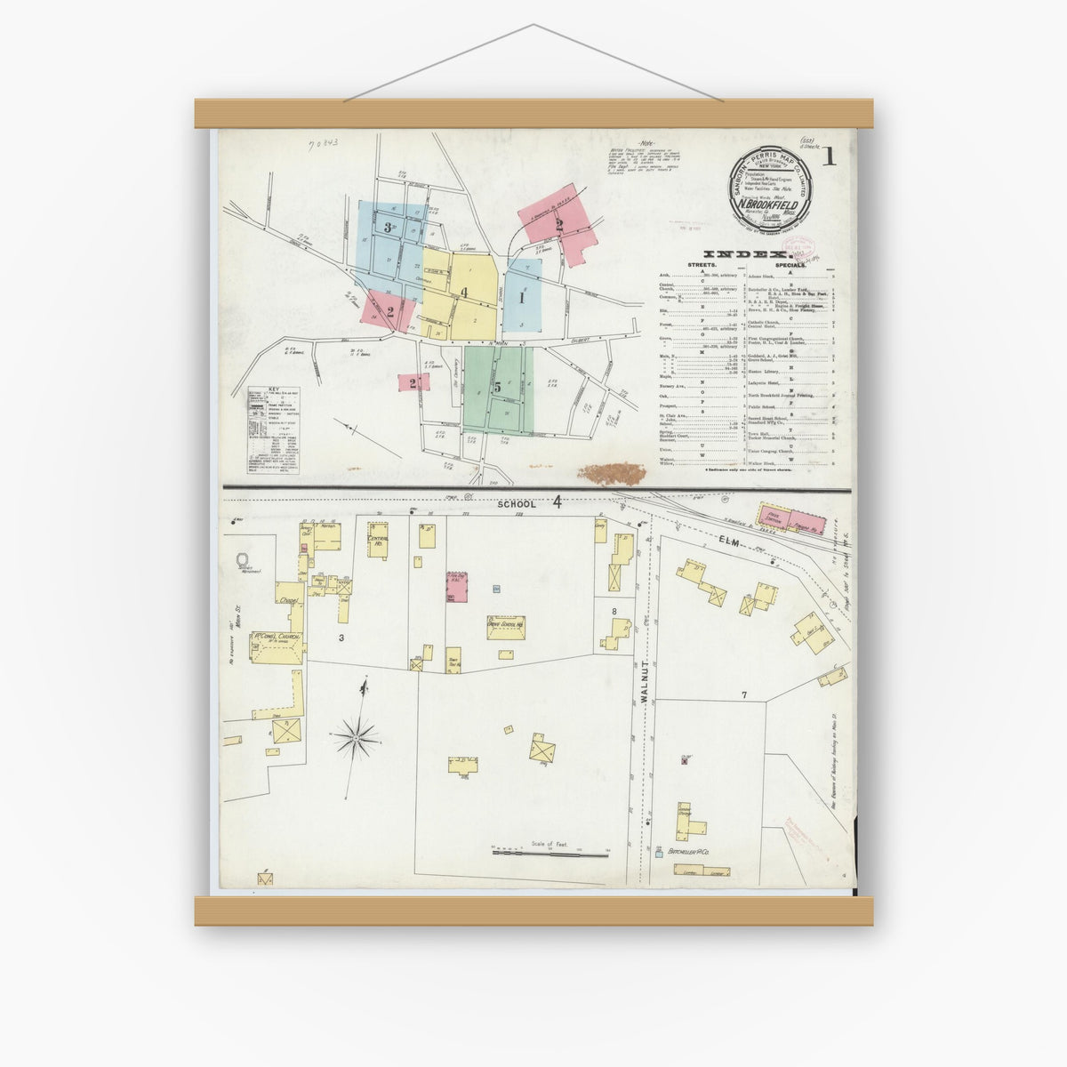 Old map wall art mockup — magnetic wood frame on white wall — Sanborn Fire Insurance Map from North Brookfield, Worcester County, Massachusetts (1896) - Complete Map Set
