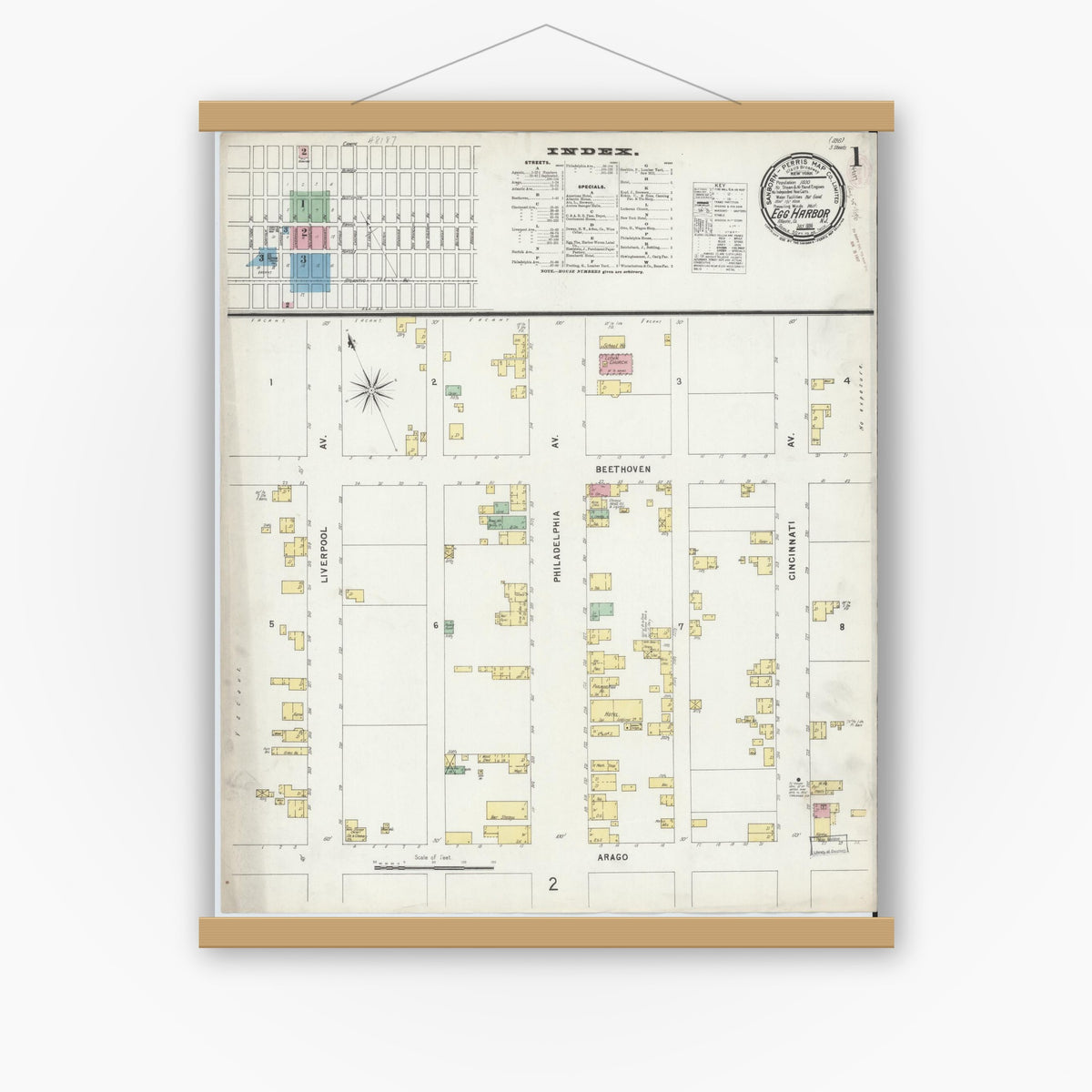 Old map wall art mockup — magnetic wood frame on white wall — Sanborn Fire Insurance Map from Egg Harbor City, Atlantic County, New Jersey (1896), Sheet #0001
